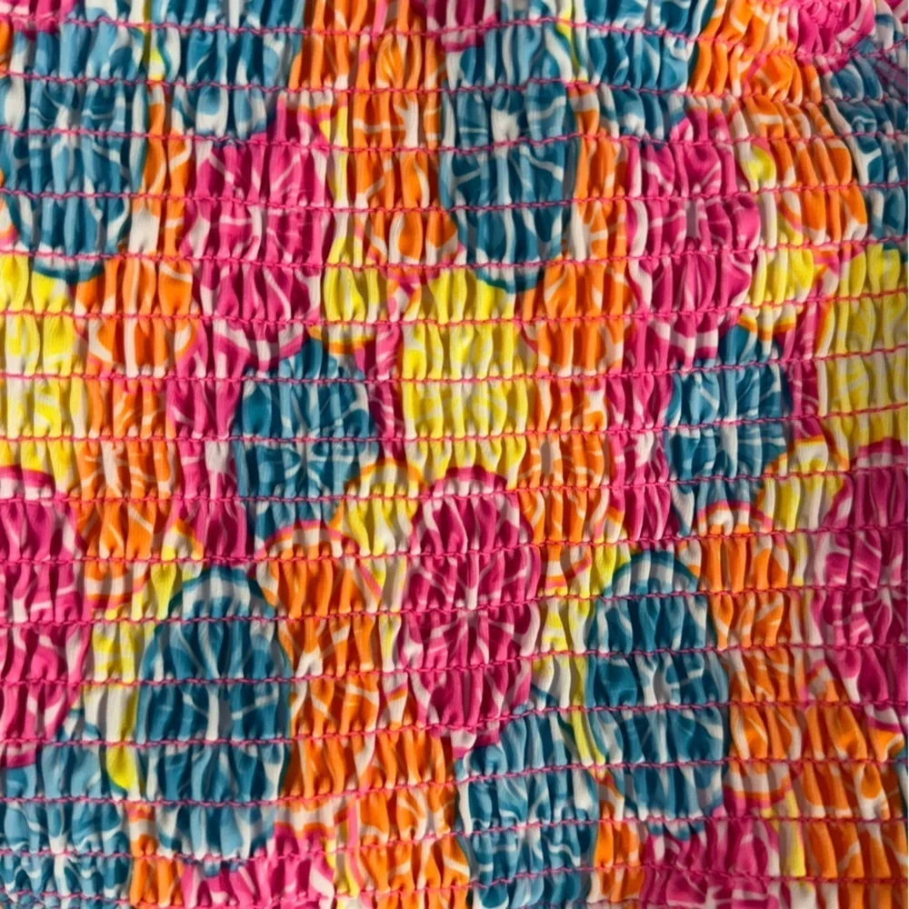 NWT Betsey Johnson Swimsuit 2 Pc Girls 14 Smocked Neon Fruit & Stripes Mix Print